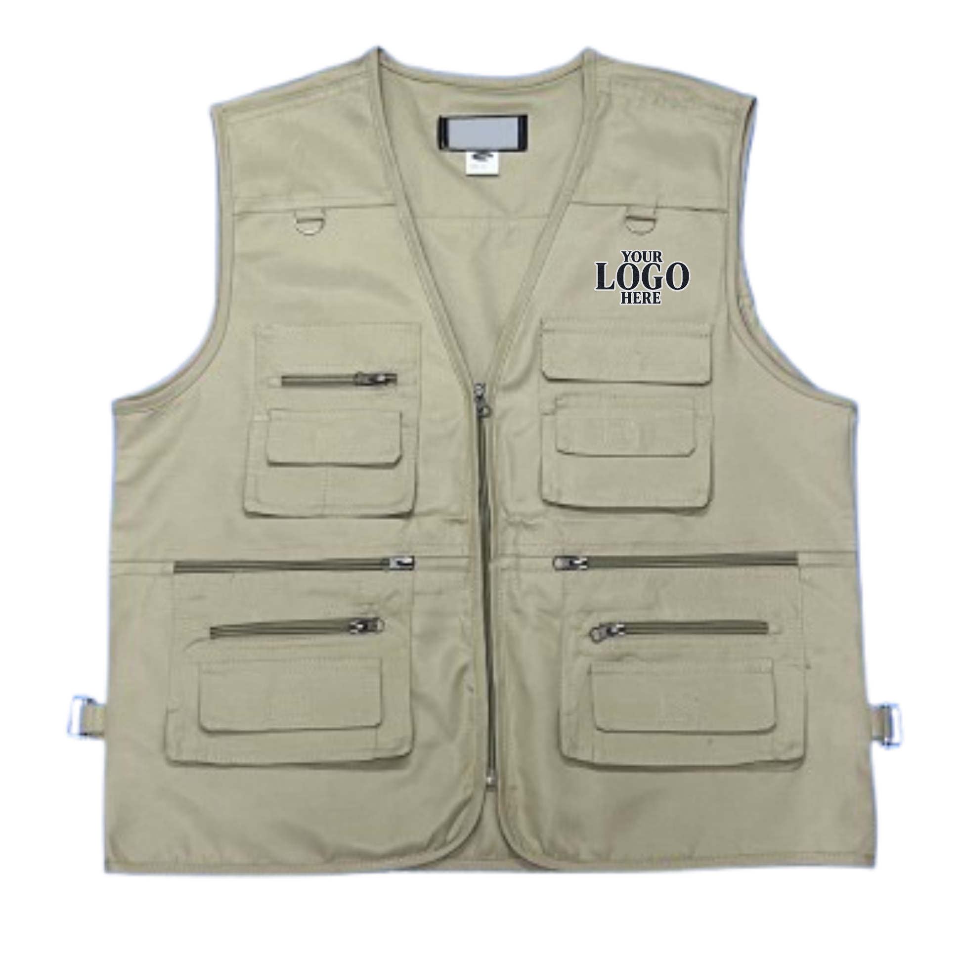 Beige Mission Jacket with multiple pockets and zippers on a white background