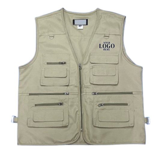 Beige Mission Jacket with multiple pockets and zippers on a white background