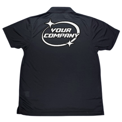 Black Dri-Fit polo shirt with embroidery logo on the back against a white background