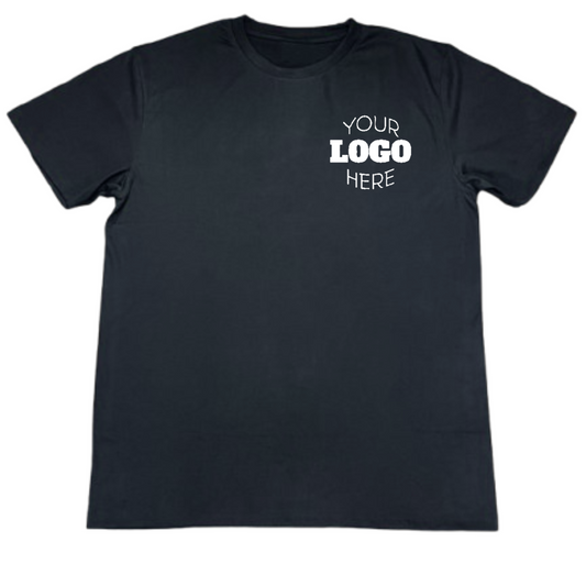 Black Premium t-shirt with 'Your Logo Here' DTF Print on a white background