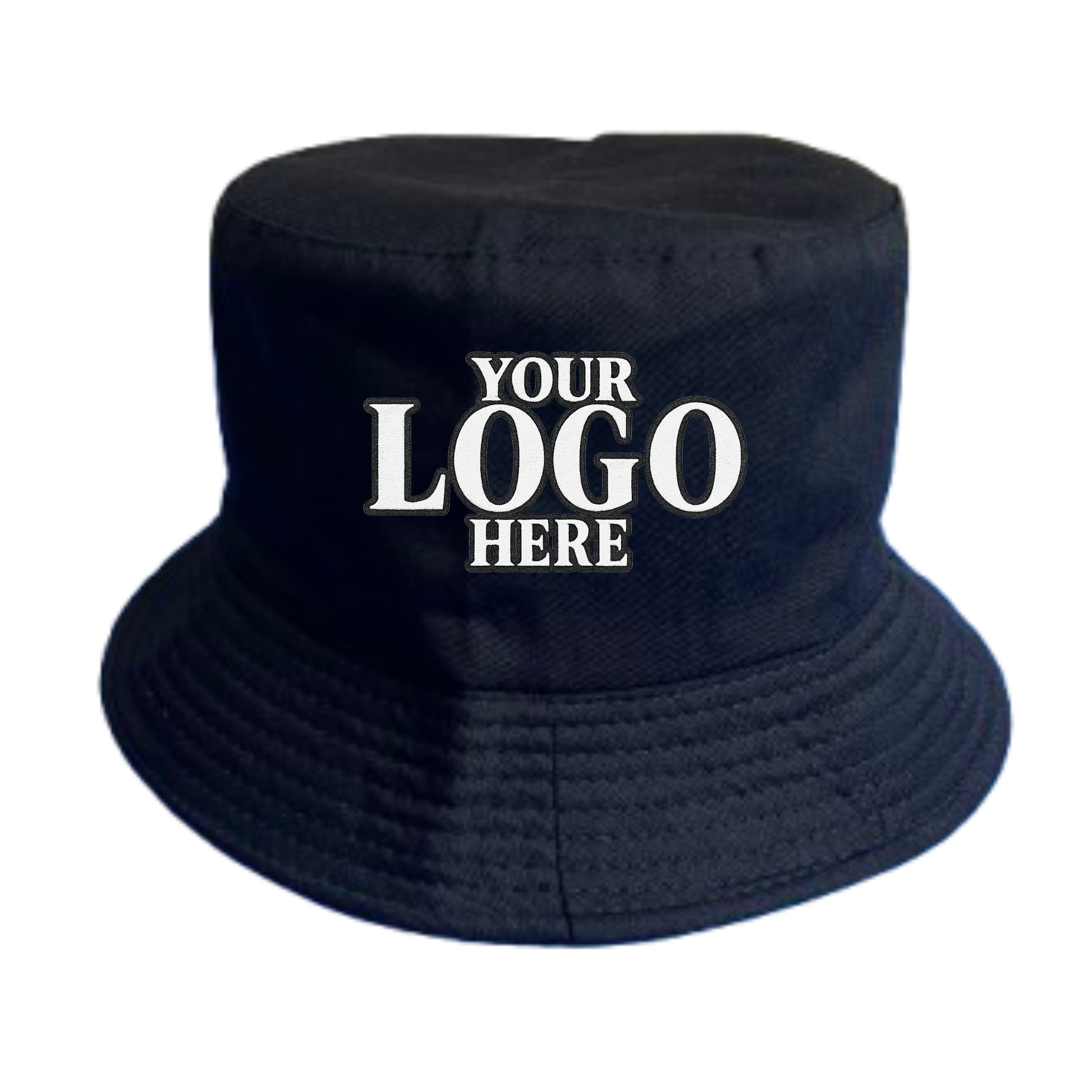 Black bucket hat with embroidery logo on a white background