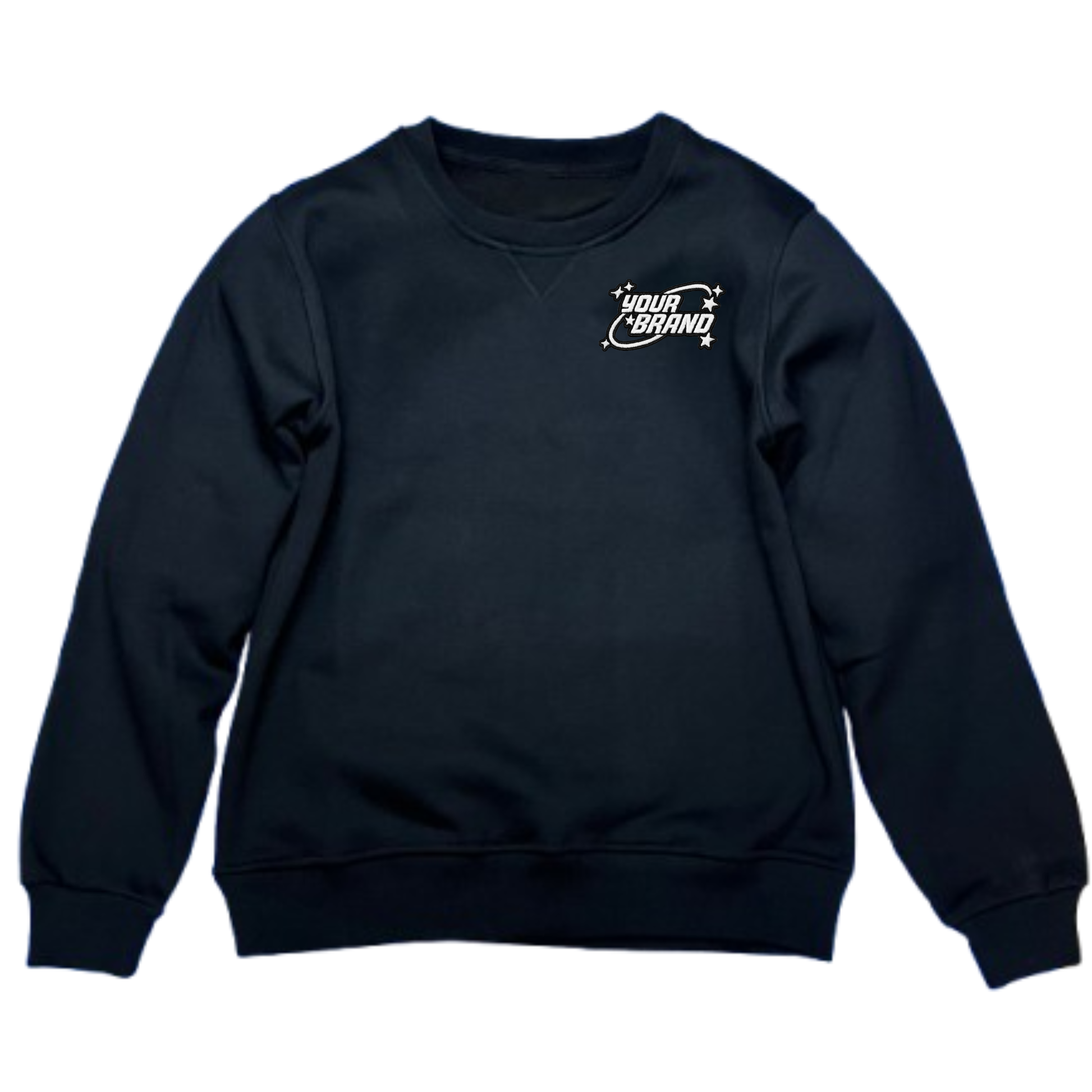 Black sweatshirt with a small logo on the chest against a white background