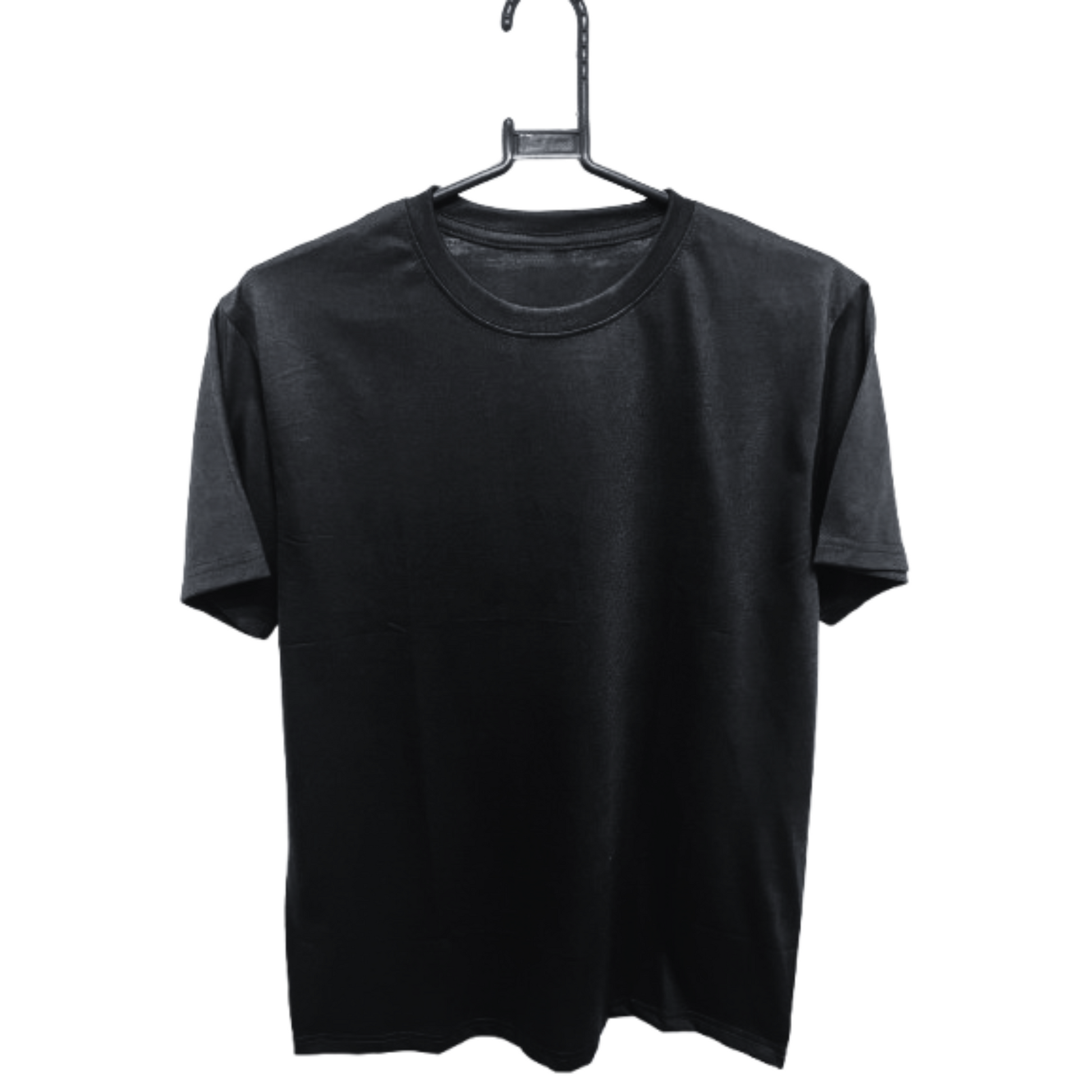 Black t-shirt on a hanger against a white background