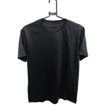 Black t-shirt on a hanger against a white background