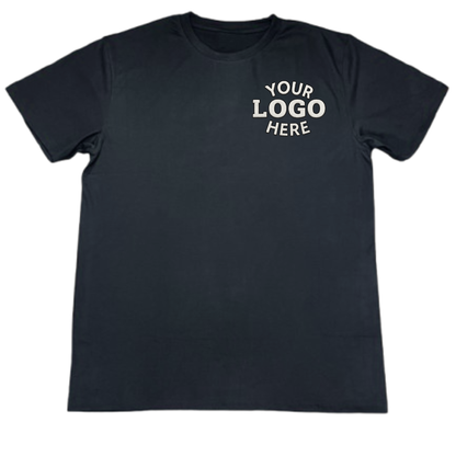 Black t-shirt with Embroidery text on a white background
