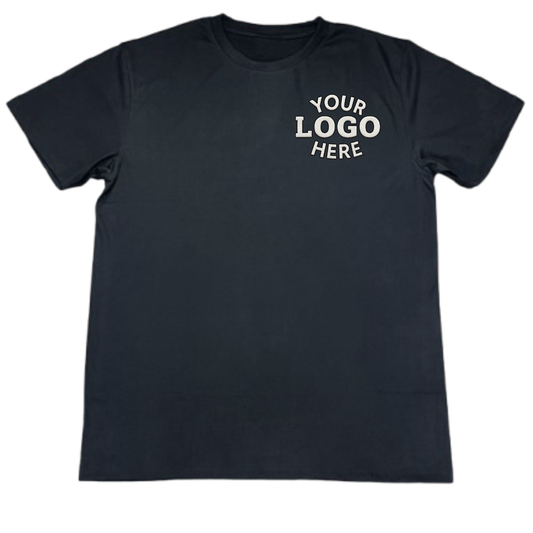 Black t-shirt with Embroidery text on a white background
