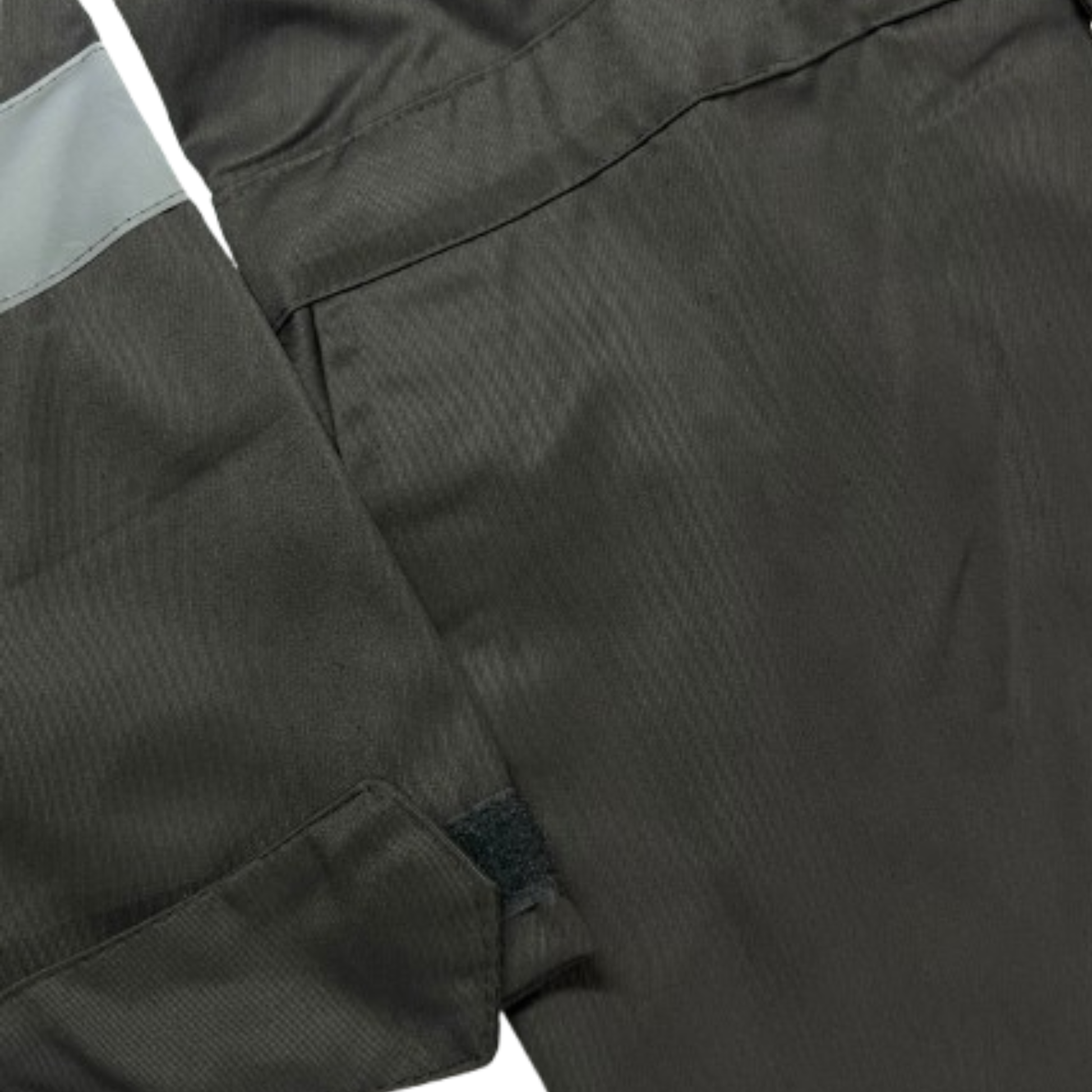 Close-up of gray coverall with sleeve detail