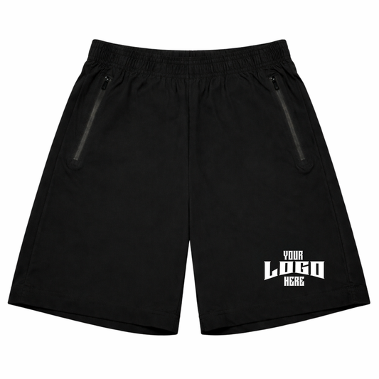 Black shorts with customizable logo area on a white background