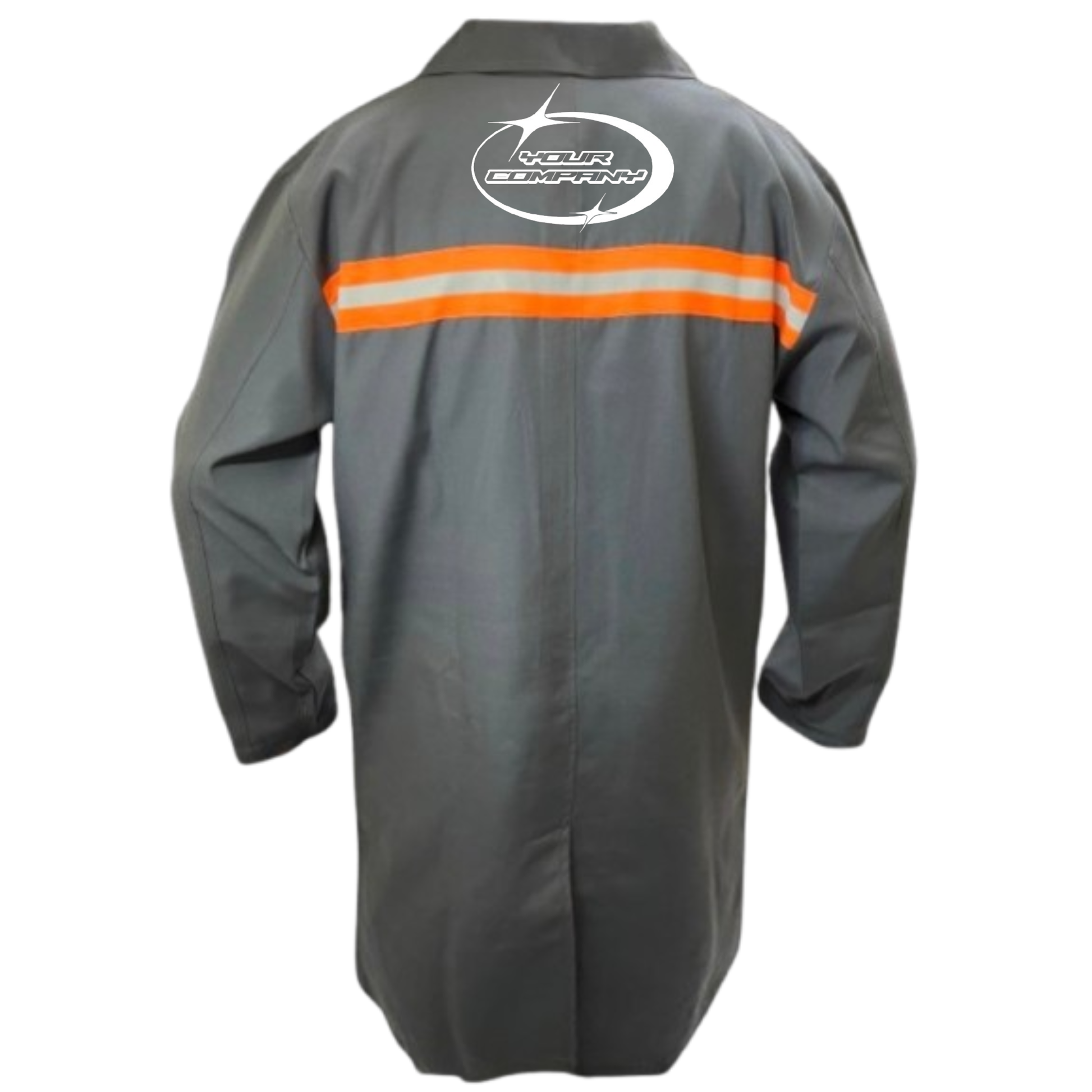 Gray dust coat with orange reflective stripe on a white background