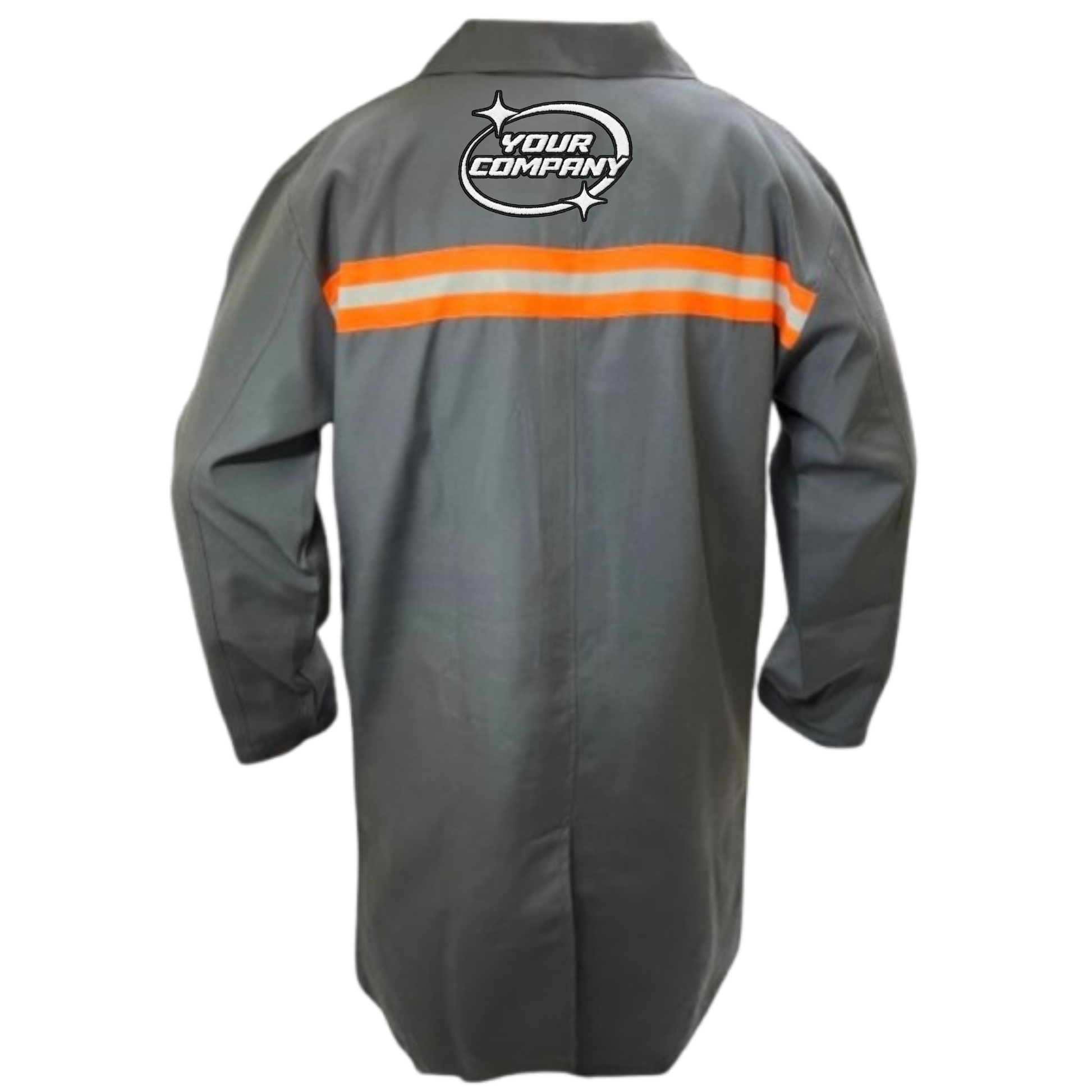 Gray dust with orange reflective stripes and customizable embroidery logo on a white background