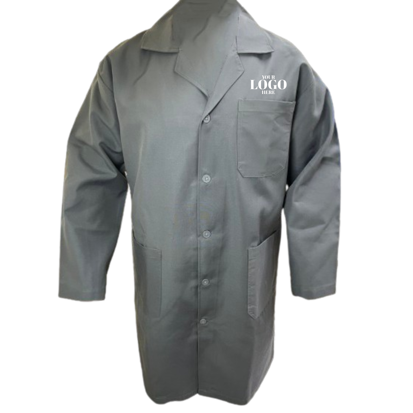 Gray dust coat with logo on a white background