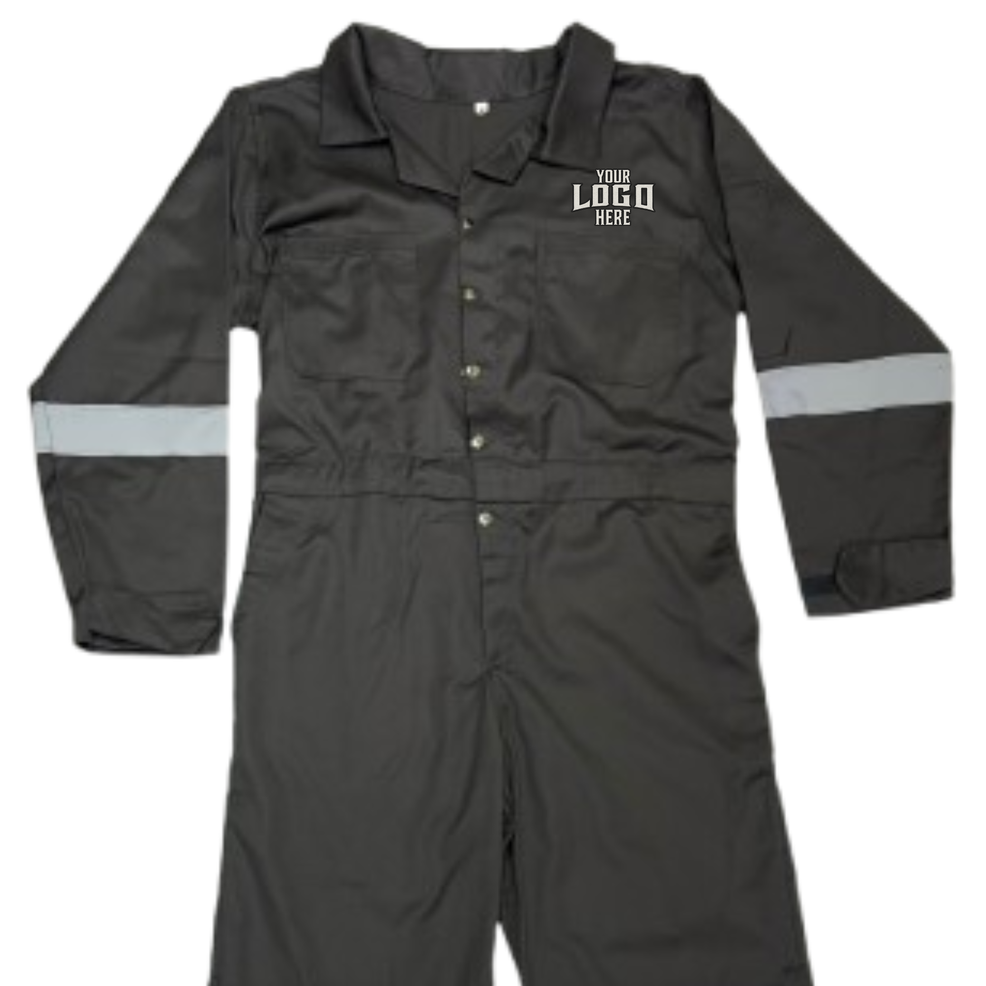 Grey coverall with reflective stripes on a white background