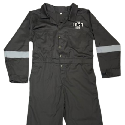Grey coverall with reflective stripes on a white background