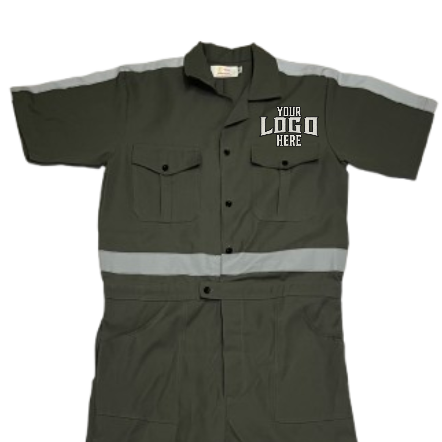 Grey coverall with reflective stripes on a white background