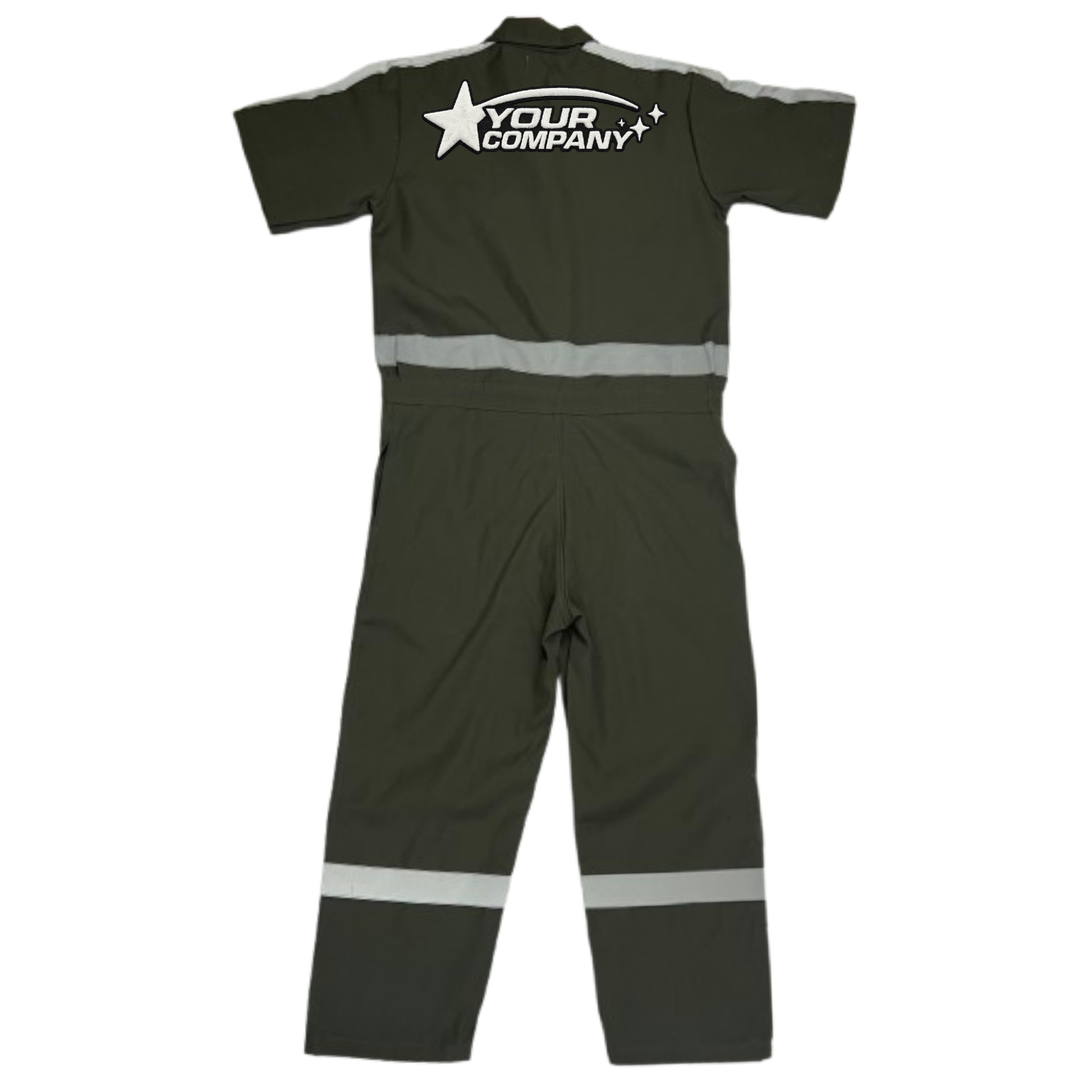 Grey work coverall with reflective stripes and embroidery logo on a white background