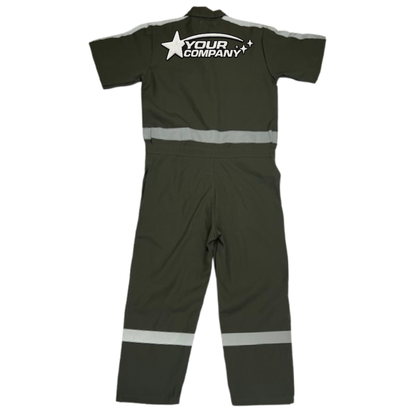 Grey work coverall with reflective stripes and embroidery logo on a white background