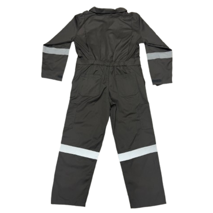 Grey safety coverall with reflective stripes on a white background