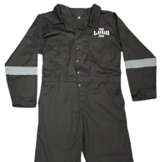 Grey coverall with reflective stripes on a white background