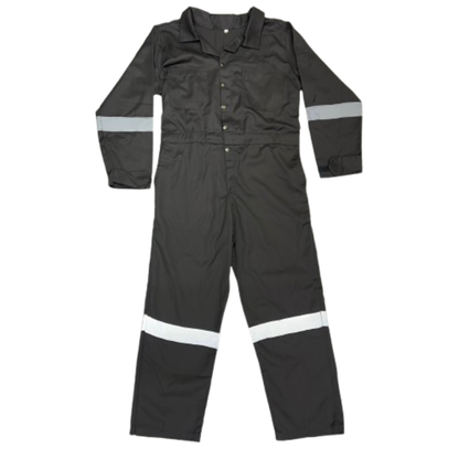 Grey coverall with reflective stripes on a white background