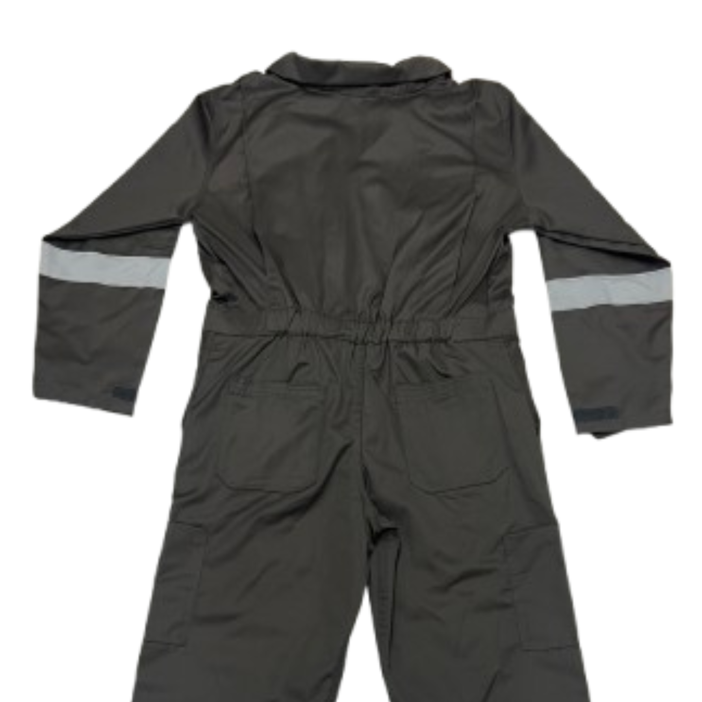 Grey coverall with reflective stripes on a white background