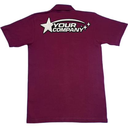 Maroon lightweight polo shirt with embroidery logo on the back against a white background