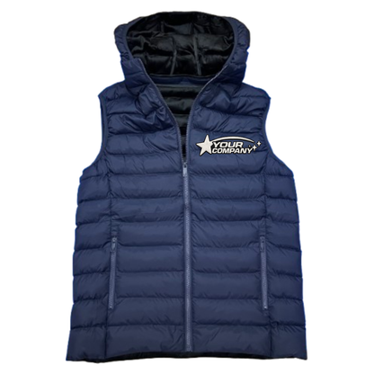 Navy Blue puffer vest with customizable embroidery on a white background