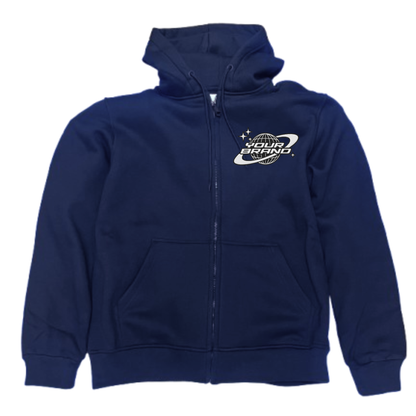 Navy blue hoodie with embroidery on a white background