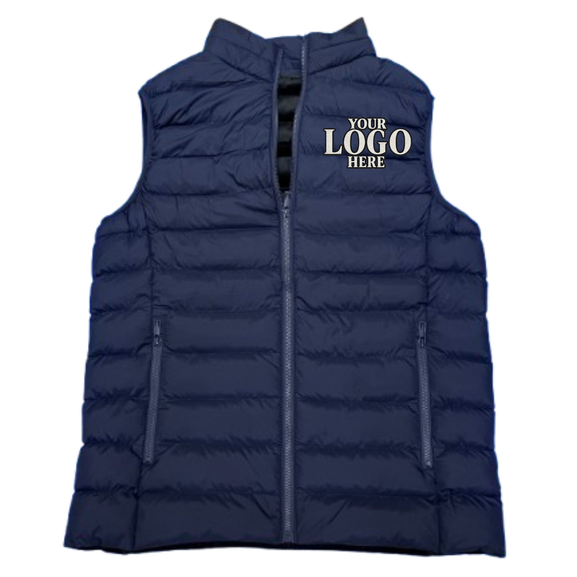 Navy blue puffer vest with embroidery on a white background