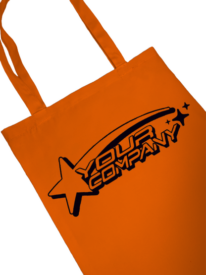 Orange tote bag with black dtf logo on a white background