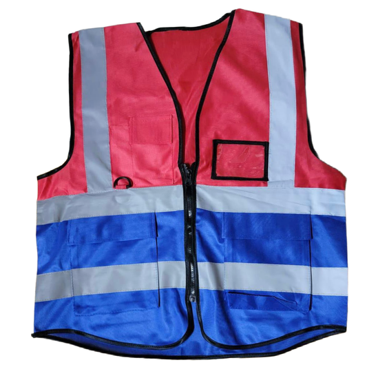 Red and blue safety vest with reflective stripes on a white background