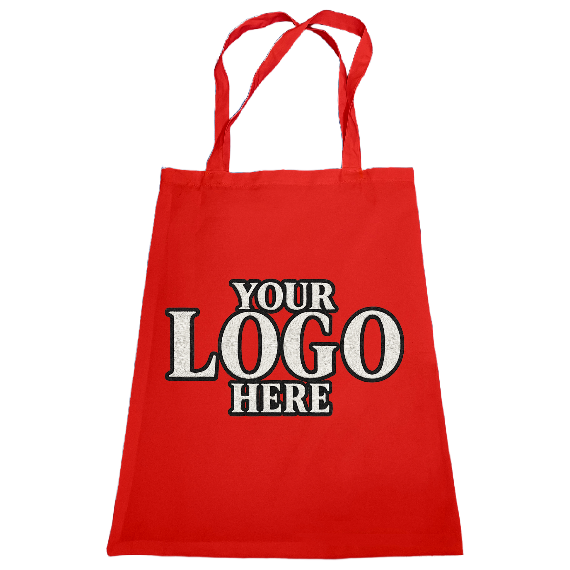 Red tote bag with Embroidery  and design on a white background