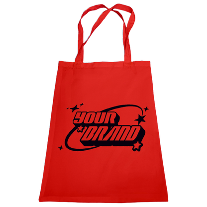 Red tote bag with black text and design on a white background