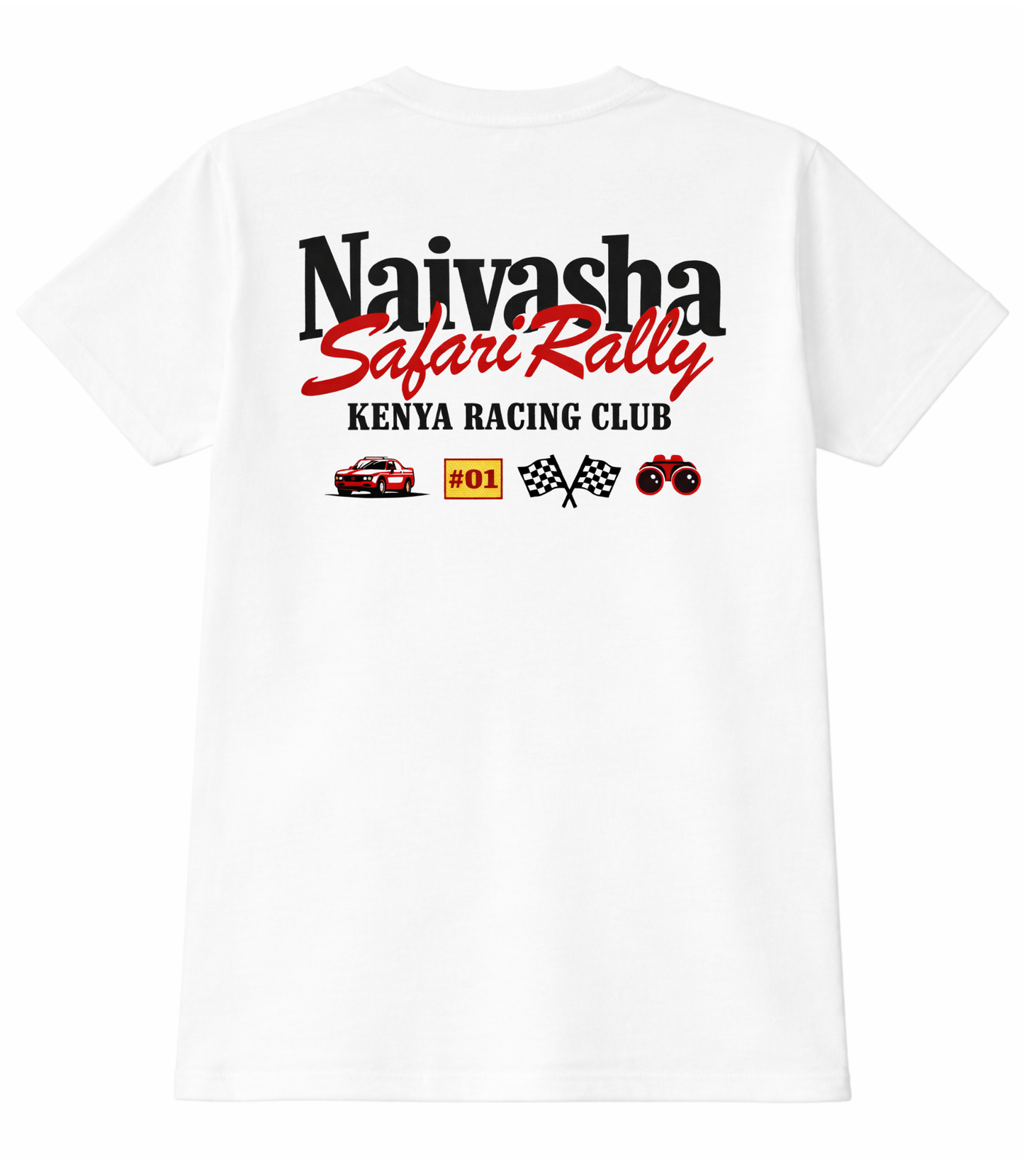 White t-shirt with 'Naivasha Safari Rally Kenya Racing Club' text and logos on a white background