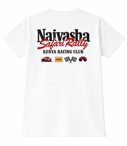 White t-shirt with 'Naivasha Safari Rally Kenya Racing Club' text and logos on a white background