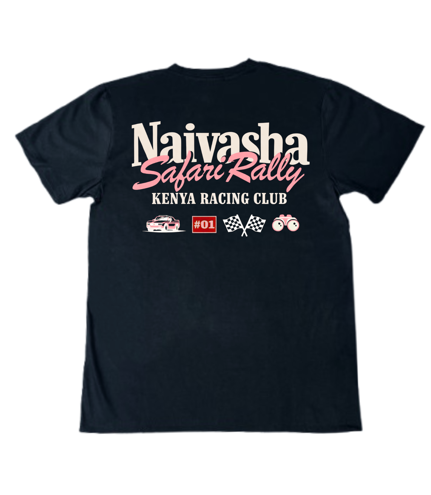 Black t-shirt with 'Naiyasha Safari Rally Kenya Racing Club' text and graphics on a white background