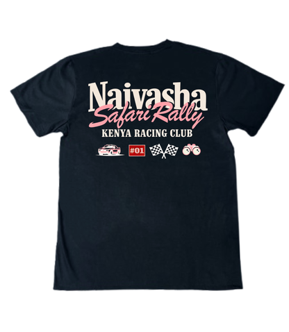 Black t-shirt with 'Naiyasha Safari Rally Kenya Racing Club' text and graphics on a white background