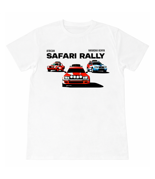 White t-shirt with African Safari Rally graphic featuring four cars on a white background