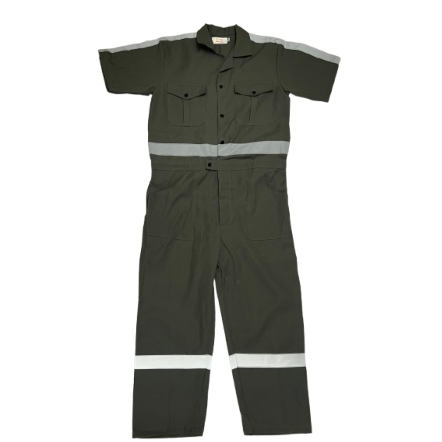 Green work jumpsuit with reflective stripes on a white background