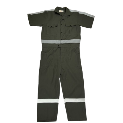 Green work jumpsuit with reflective stripes on a white background