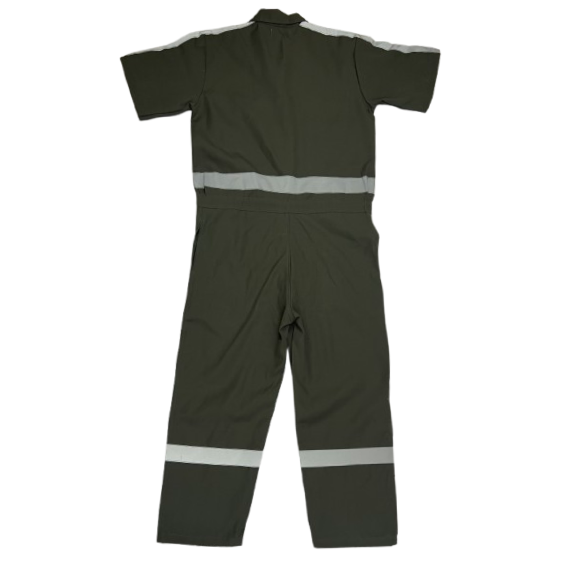 Green work jumpsuit with reflective stripes on a white background