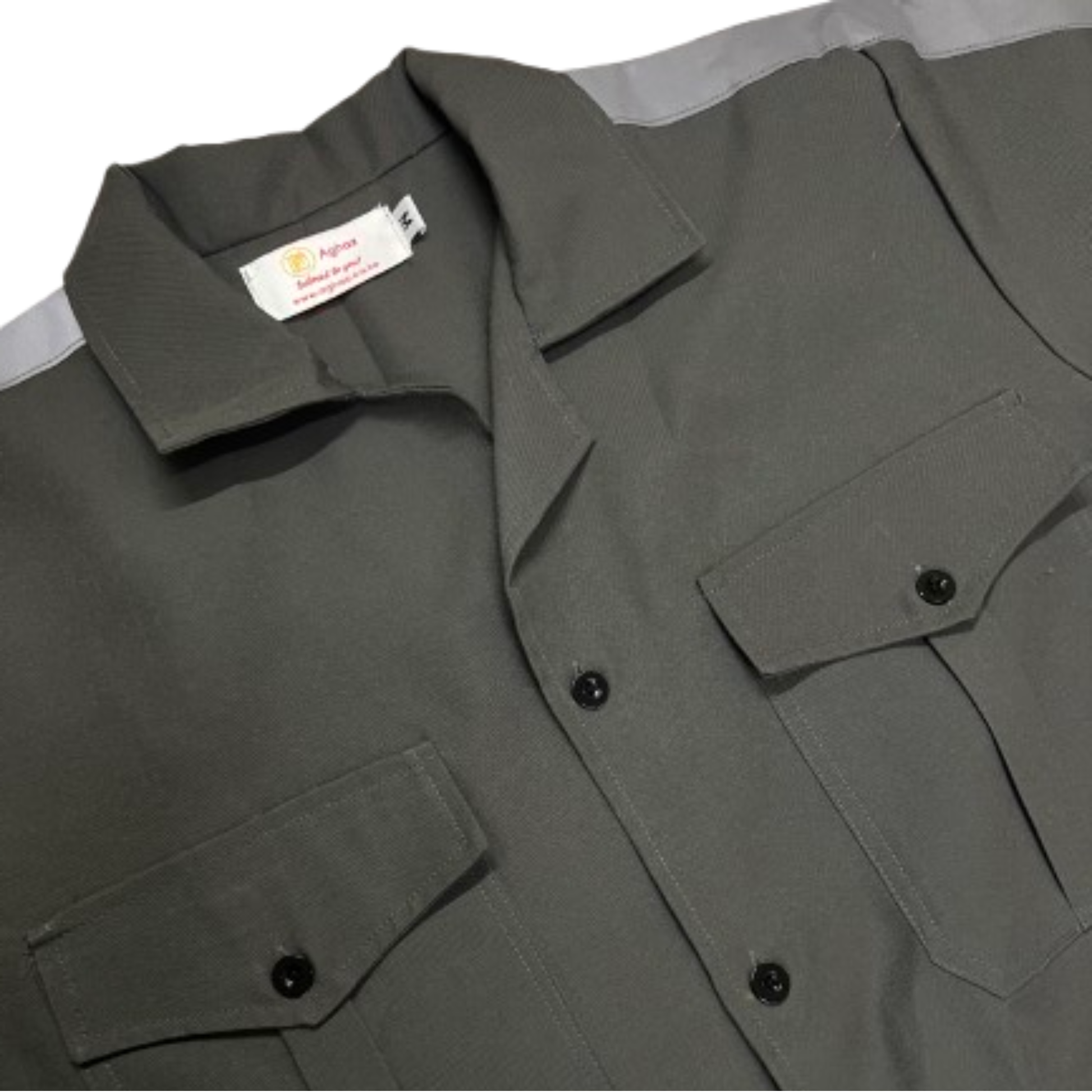 Gray work jacket with a brand label on a white background