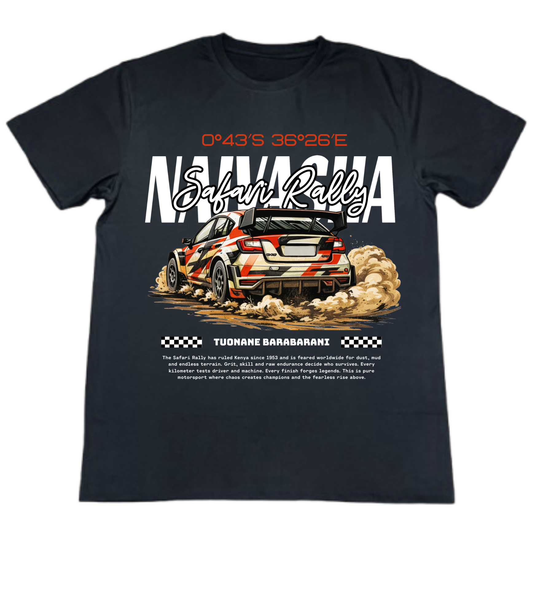 Black t-shirt with a rally car graphic and text on a white background