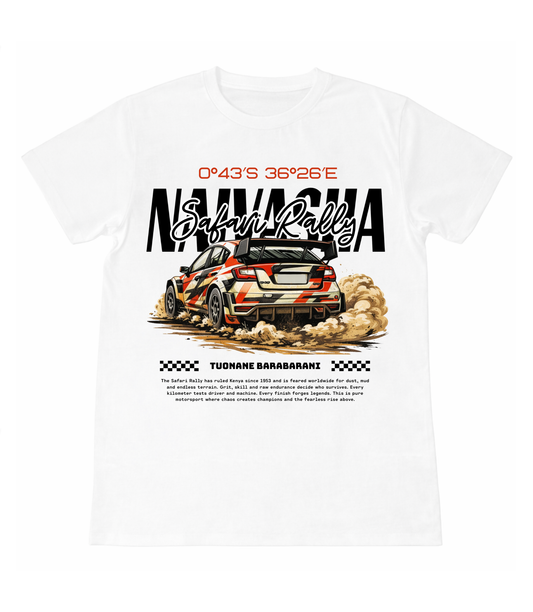 White t-shirt with a rally car graphic and text on a white background