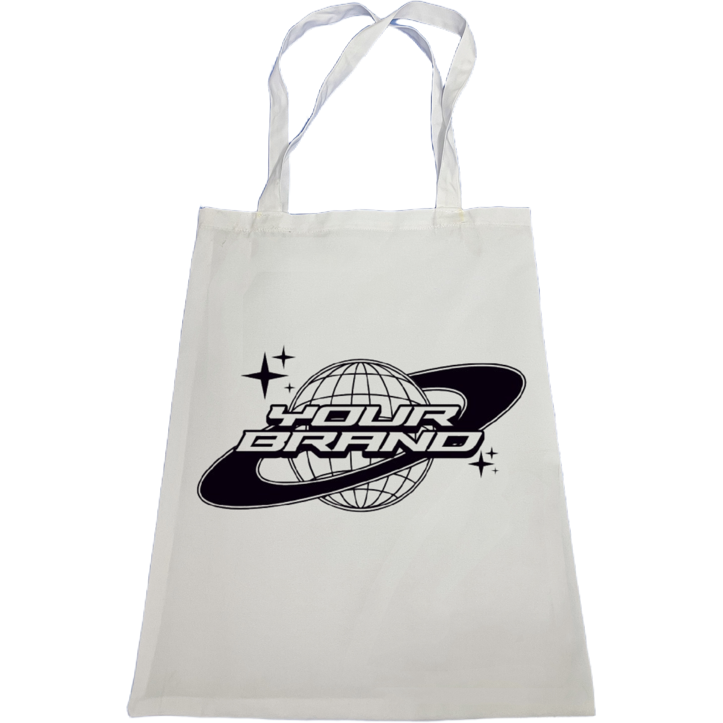 White tote bag with a black logo on a white background