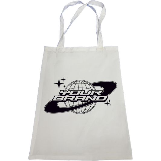 White tote bag with a black logo on a white background