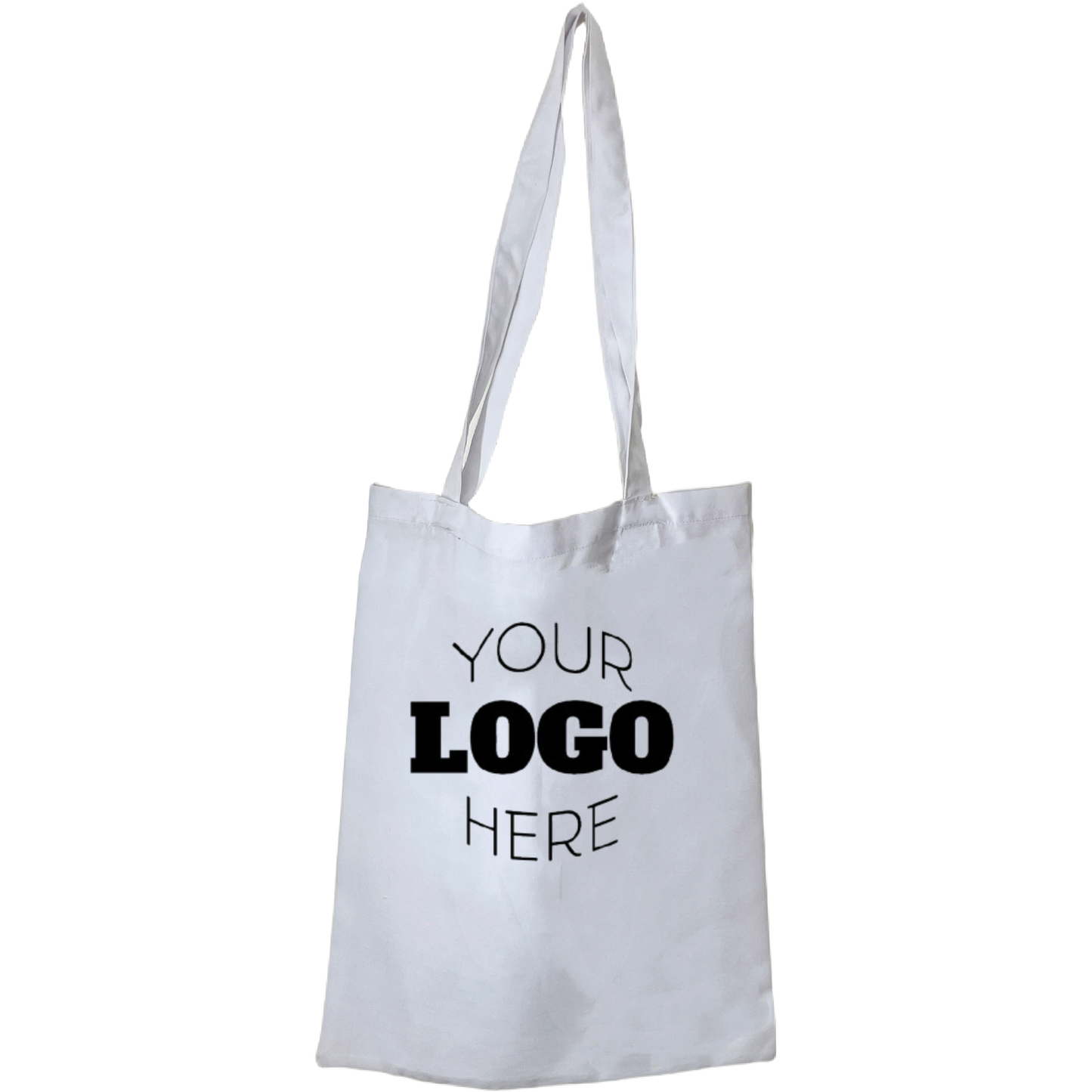 White tote bag with 'Your Logo Here' text on a white background
