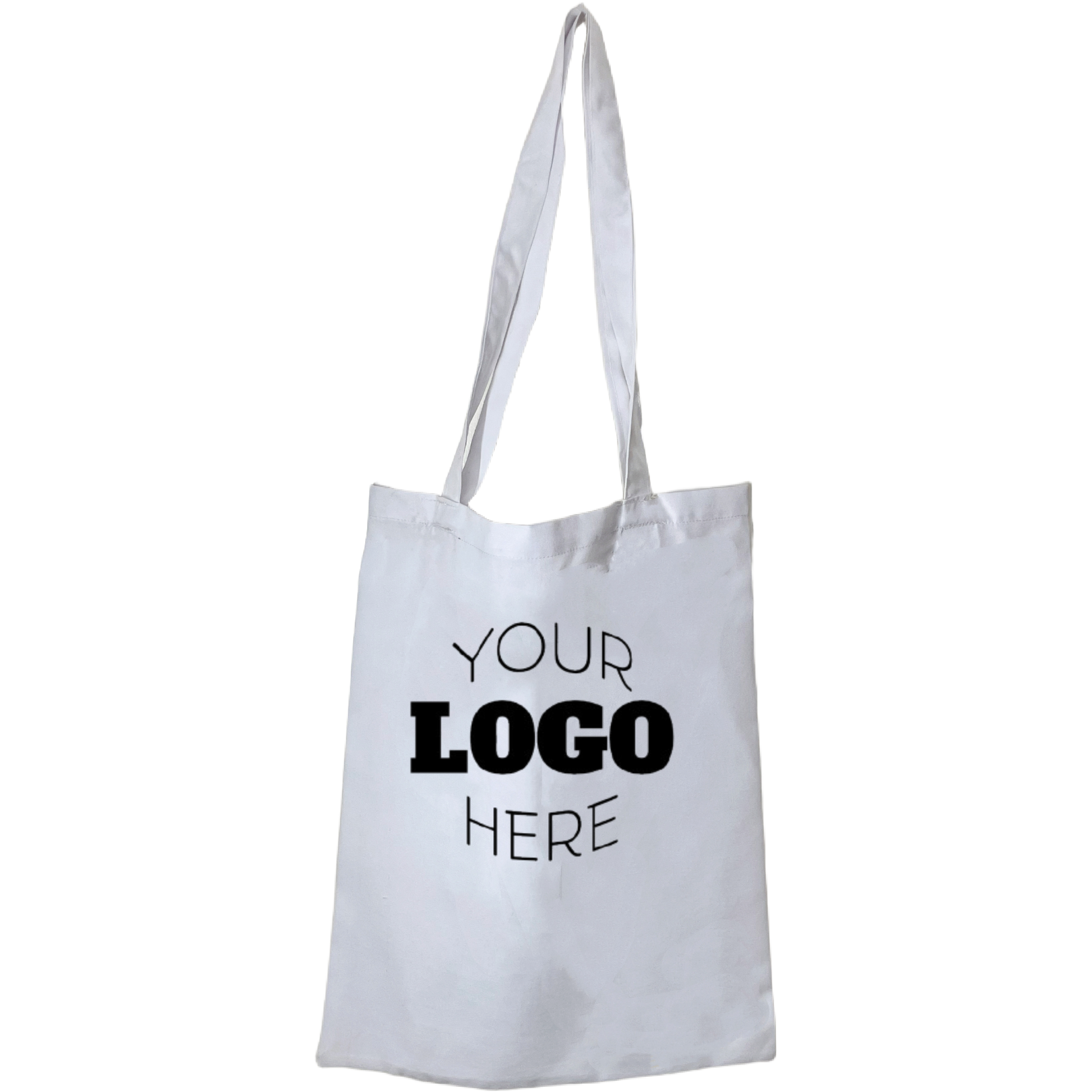 White tote bag with 'Your Logo Here' text on a white background