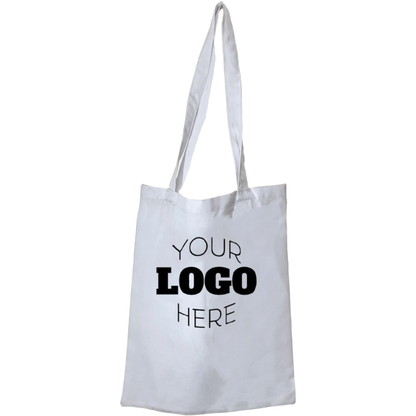 White tote bag with 'Your Logo Here' text on a white background