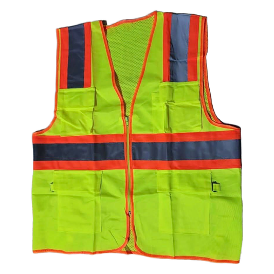 Yellow safety vest with reflective stripes on a white background