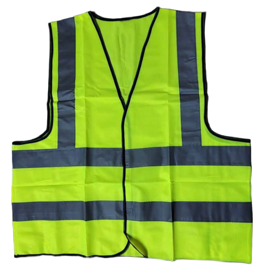 Yellow safety vest with reflective stripes on a white background
